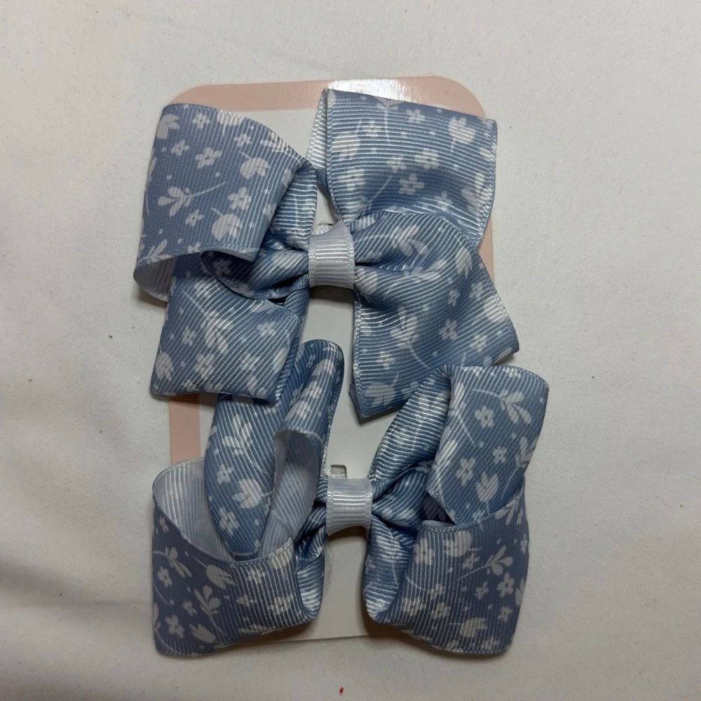 Blue Floral Hair Bows set‎ of 2 children's hair bow clips